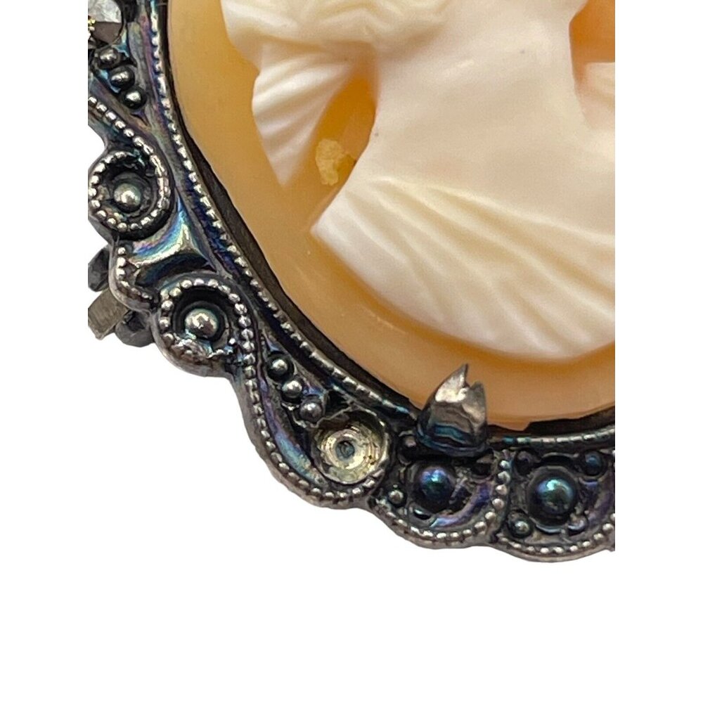 VINTAGE STERLING SILVER MARCASITE AND CARVED SHELL WOMAN CAMEO PIN BROOCH ‎ READ - Picture 9 of 9